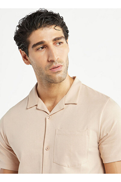 FAV Solid Camp Collar Shirt with Short Sleeves and Pocket