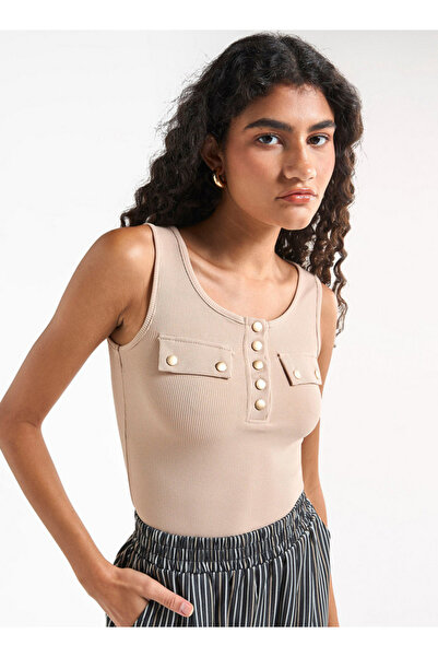 FAV Ribbed Tank Top With Round Neck And Flap Detail