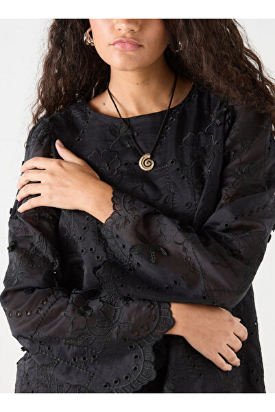 FAV All-Over Embroidered Top with Crew Neck and Long Sleeves