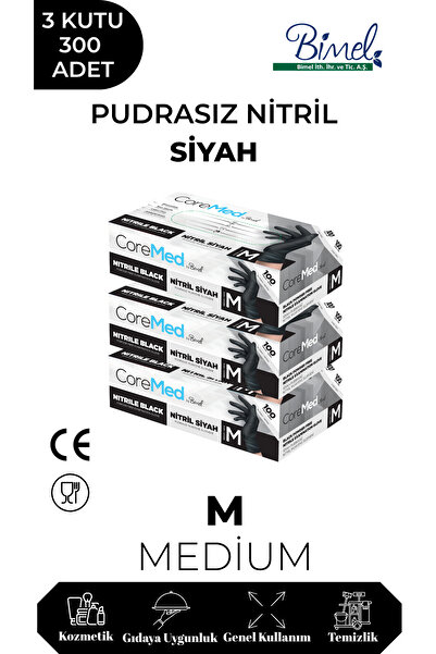 COREMED Nitril Siyah Pudrasız Muayene Eldiveni M - 3 Paket 100 lü