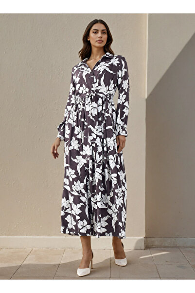 FAV فستان نسائي بطبعة زهور مع تفاصيل ربطة عنق من الفيسكوز