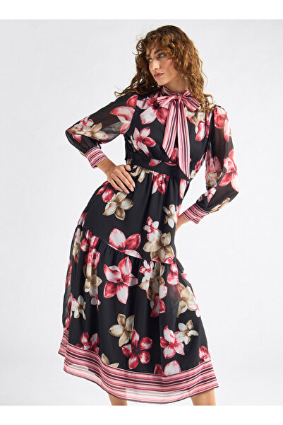FAV All-Over Floral Print Shirt Dress with Tie-Ups and Long Sleeves