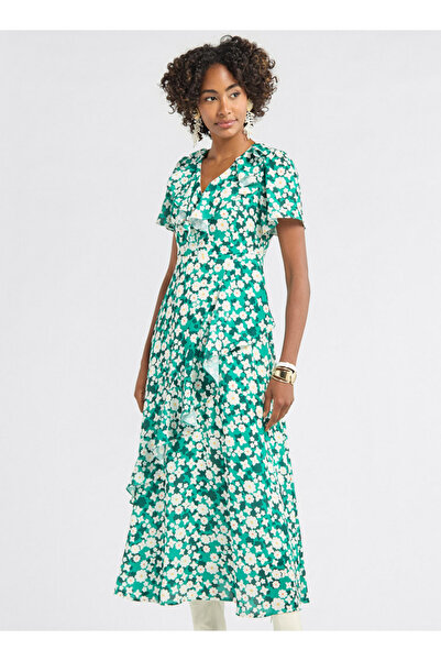 FAV All-Over Floral Print Midi Dress with V-neck and Ruffle Detail