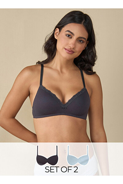 FAV طقم من قطعتين - حمالة صدر مضلعة بتفاصيل دانتيل وأشرطة قابلة للتعديل