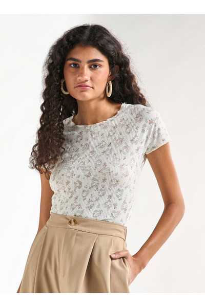 FAV All-Over Floral Detail Crew Neck T-shirt with Short Sleeves