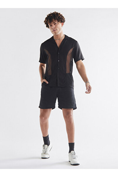 FAV Mesh Panelled Shirt With Camp Collar And Short Sleeves