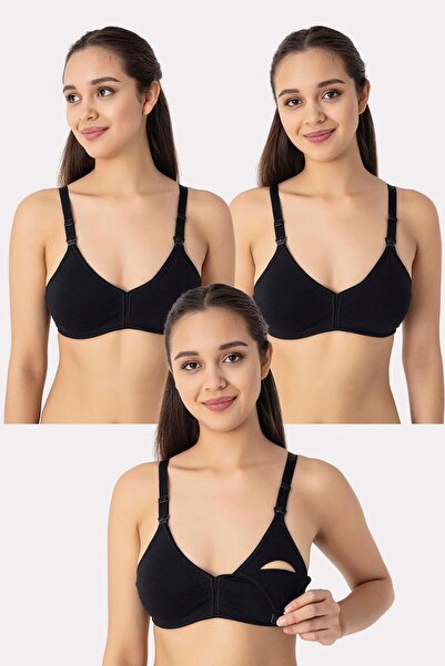 Arma Yıldız 3'lü Siyah Kadın Pamuklu Likralı Esnek Rahat Balensiz Kapsız Hamile Emzirme Sütyeni