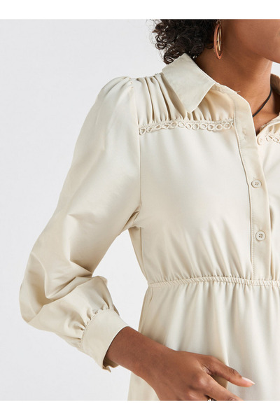 FAV Solid Tiered Midi Dress with Puff Sleeves and Collar