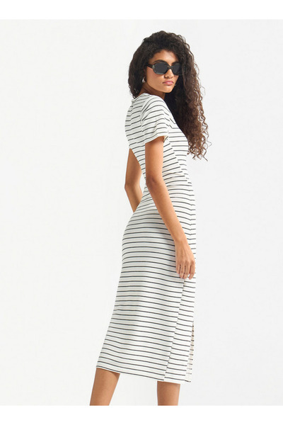 FAV Striped Midi Dress with Round Neck and Slit Detail