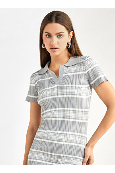 FAV Striped Collared Bodycon Dress with Short Sleeves