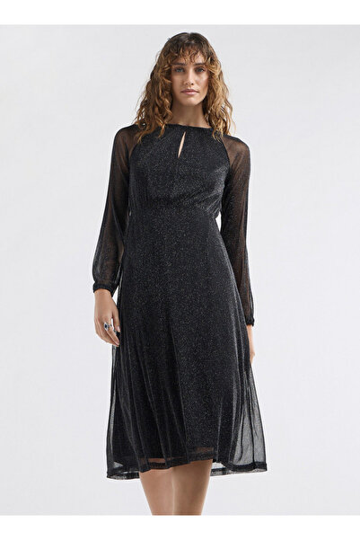 FAV فستان منقوش على شكل حرف A مع فتحة رقبة وأكمام طويلة