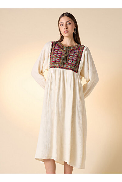 FAV Embroidered A-Line Midi Dress with Long Sleeves