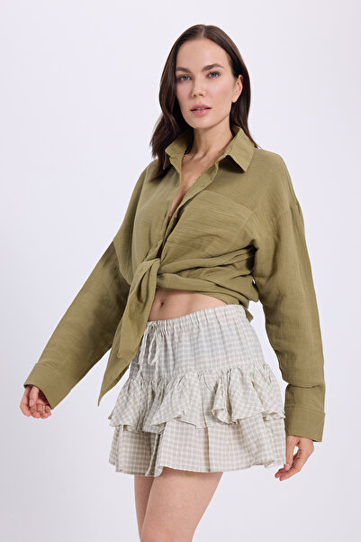 Tudors Women's Oversize Wide Cut 100% Cotton Muslin Fabric Long Sleeve Textured Khaki Shirt with Pockets