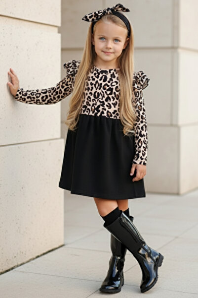 Parla Kids Dívčí leopardí vzorované šátkové šaty s dlouhým rukávem
