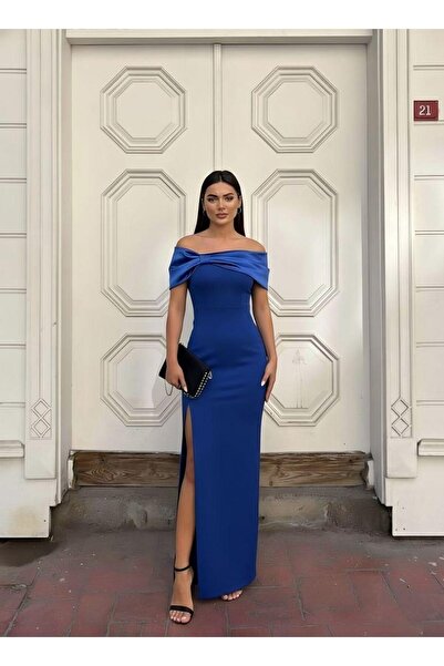 Modafeminen Esnek Krep Kumaş Fiyonk Detaylı Parlak Saten Kumaş Abiye Elbise 583327 SAKS