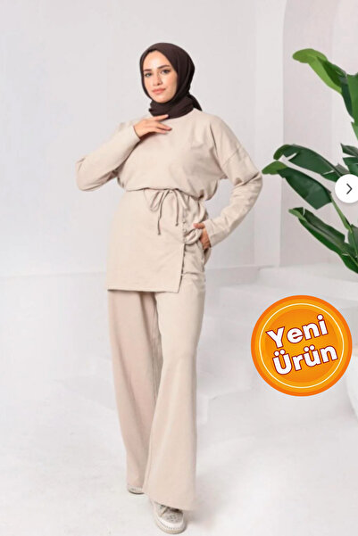 onlymoon Women's Beige Top and Bottom Set ♦ Tie the Waist ♦ Button Slit Detail ♦ 2 Yarn Knitted Fabric ♦ Comfortable Fit
