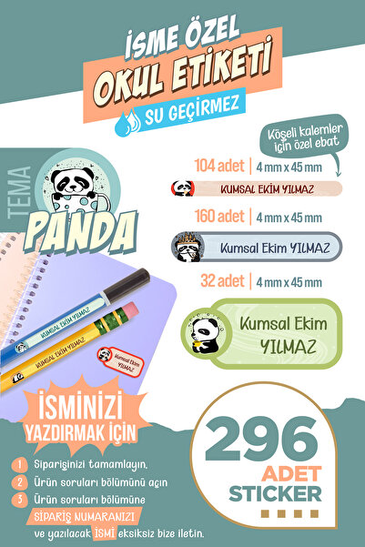 colortouch 296 ADET Panda Temalı Okul Etiketi Kalem Etiketi Defter Etiketi Kişiye Özel İsim Yazılabilen Etiket