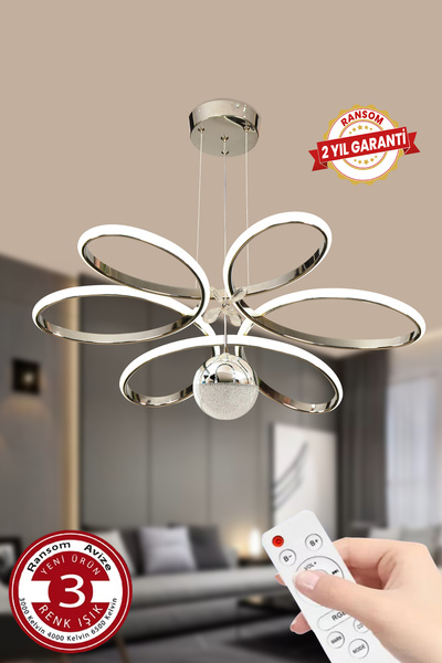 RANSOM 3 Renk Toplu Kelebekli Kumandalı Papatya Büyük Salon Led Avize Krom Ledli Avize '' 2 Yıl Garanti''