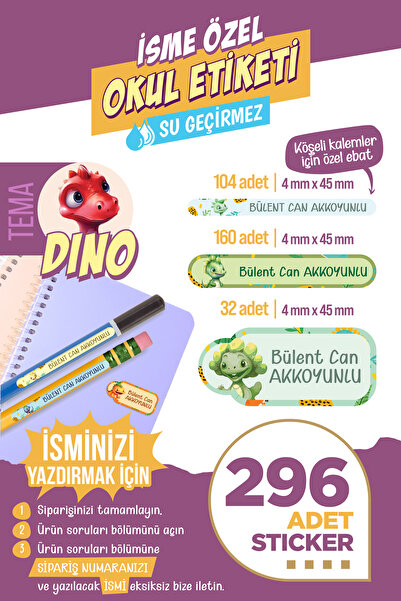 colortouch 296 ADET Dino temalı Okul Etiketi Kalem Etiketi Defter Etiketi Kişiye Özel İsim Etiketi
