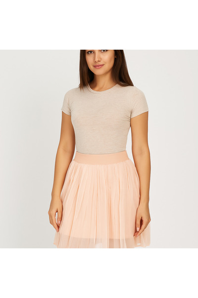 ÖMER GİYİM Pembe Mini Etek Tül Şİfon Lastikli Bel Şık Rahat
