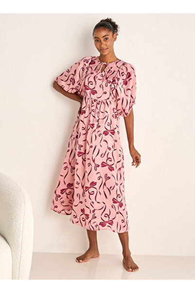 FAV فستان نوم بطبعة فيونكة مع رباط حول الرقبة وأكمام قصيرة