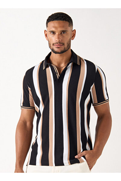 Smart Striped Polo T-shirt with Short Sleeves and Button Closure