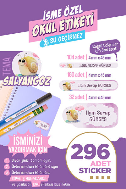 colortouch 296 ADET Salyangoz Temalı Okul Etiketi Sticker Kalem Etiketi Defter Etiketi Kişiye Özel İsim Etiketi