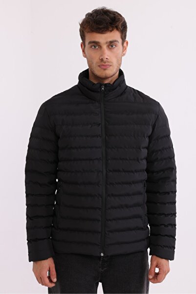 D1fference Pánská přenosná taška Větruodolný stojánek s límcem plněný vlákny odlehčený černý kabát