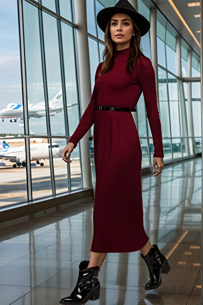 Cotton Mood 7012011   Burgundy Long Dress - Half Turtleneck, Pleated Skirt