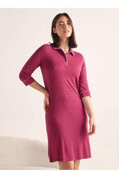 FAV فستان نوم بطبعة نقاط البولكا مع ياقة بولو وأكمام 3/4