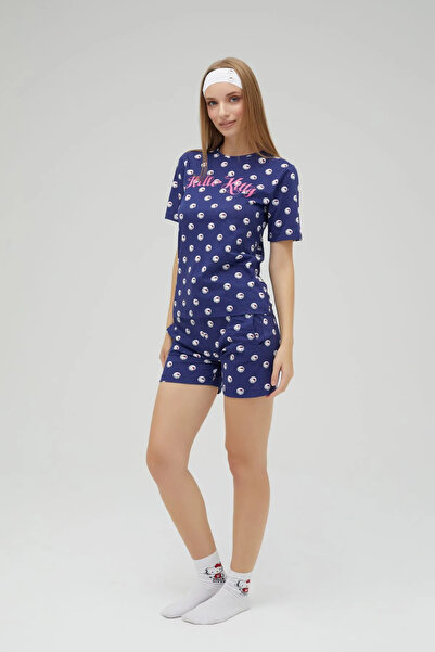 Hello Kitty Lisanslı Kısa Kollu Şortlu Lacivert Pijama Takımı