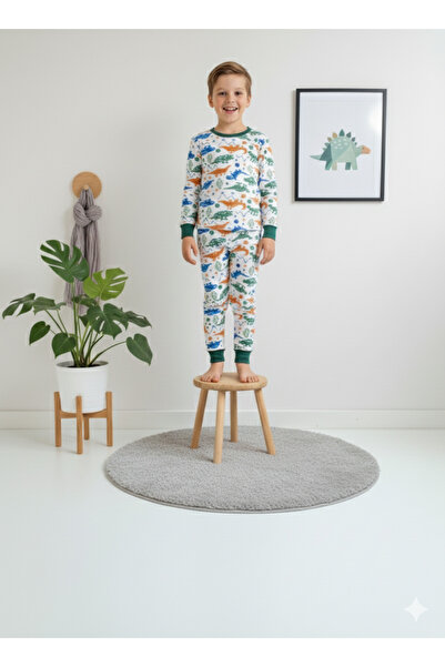 MADALİNA Fiú 100% pamut zöld dinoszaurusz nyomott pizsama szett