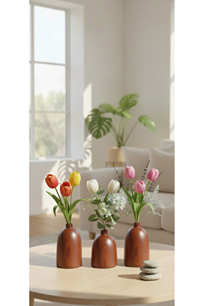 MBE Ahşap Doğal Ahşap Ceviz Renk Vazo&Biblo