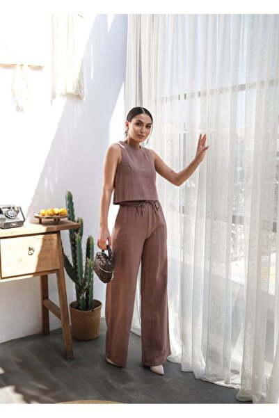 Turega Style طقم بلوزة وبنطلون كتان مكون من قطعتين