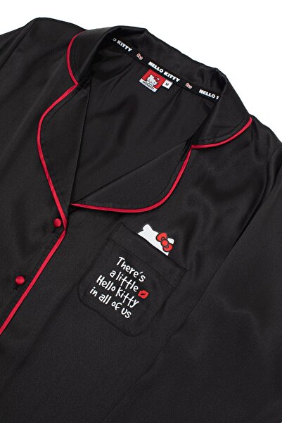 Hello Kitty Lisanslı Düğmeli Uzun Kol Saten Pijama Takımı