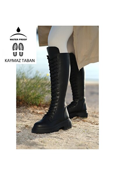 rpt ayakkabı Kadın Siyah Topuklu Diz Altı Postal Çizme