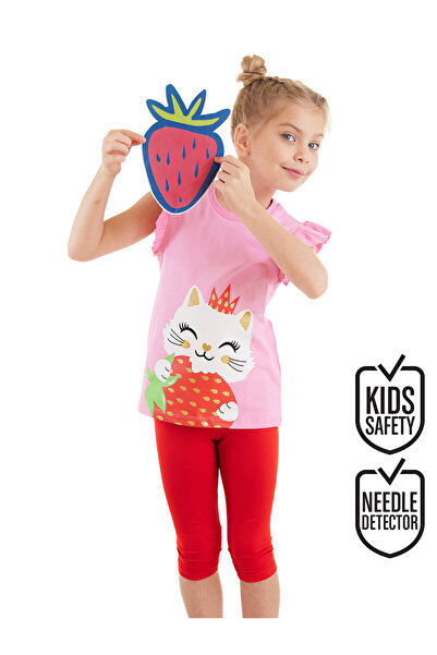 Denokids Girl's Strawberry Patterned Frilly Summer T-shirt and Leggings Set