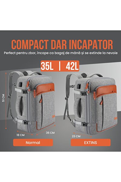 AVA-STARS Travel Backpack, expandable 35–42L, 17" laptop compartment, USB port, lock – Gray