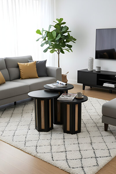 Liya Mimoza Hazeran 3lü Zigon Sehpa Orta Sehpa Ahşap Bohem Yuvarlak Üçlü Sehp...