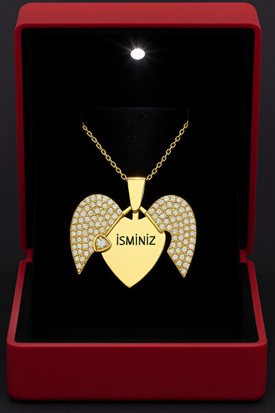 KAR DİAMOND 925 Ayar Gümüş Altın Kaplama Kişiye Özel İsimli Melek Kanatlı Kalp Kolye - Işıklı Hediye Kutulu