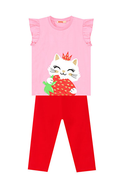 Denokids Girl's Strawberry Patterned Frilly Summer T-shirt and Leggings Set