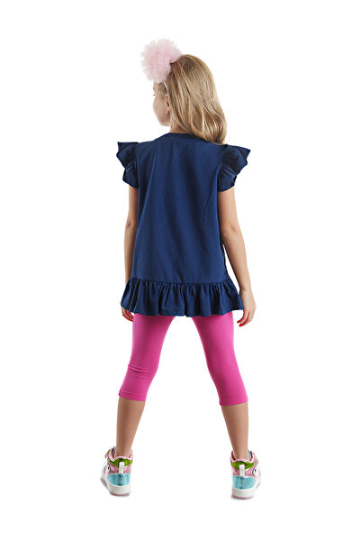 Denokids Unicorn Patterned Navy Blue and Pink Girl's Summer Set - Frilly T-shirt and Leggings