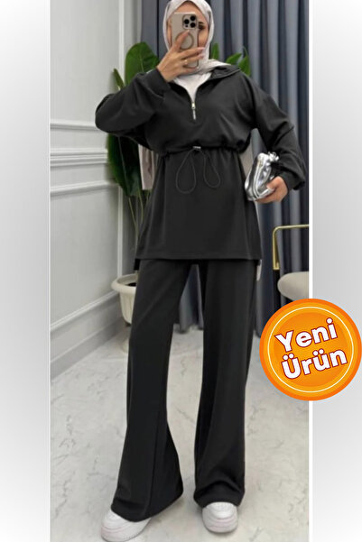 onlymoon Women's Black Hijab Set ♦   Zippered Waist Tunic with Tie ♦   Wide Leg Pants ♦   Two Yarns Knitted