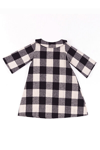 Denokids Pompom Girl - Μαύρο και άσπρο καρό, μακρυμάνικο χειμερινό φόρεμα