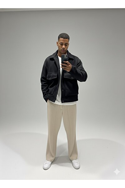 ATKGİYİM سترة رجالية كبيرة الحجم - لون أسود ورمادي مع جيب حقيبة - تفاصيل جيب ...