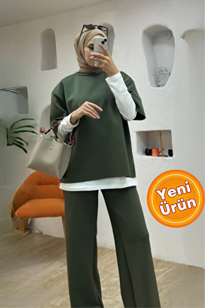 onlymoon Women's 3-Piece Set ♦   Scuba Fabric ♦   Khaki Green ♦   High Waist ♦   Wide Leg Pants ♦   Casual Stylish Outfit
