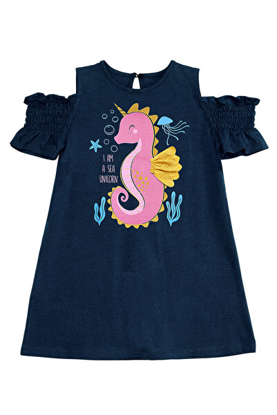 MSHB&G Καλοκαιρινό χτενισμένο βαμβακερό φόρεμα για κορίτσι με μοτίβο μονόκερου Navy Blue - Seahorse
