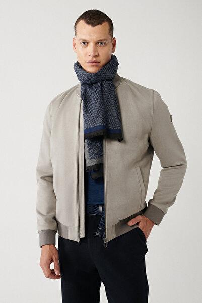 Avva Men's Light Gray Bomber Neck Zipper Suede Look Thin Coat A32Y6040