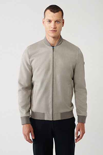 Avva Men's Light Gray Bomber Neck Zipper Suede Look Thin Coat A32Y6040