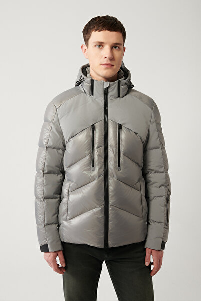 Avva Men's Gray Puffer Jacket - Goose Down, Water Repellent, Windproof, Strap and Detachable Hood A32Y